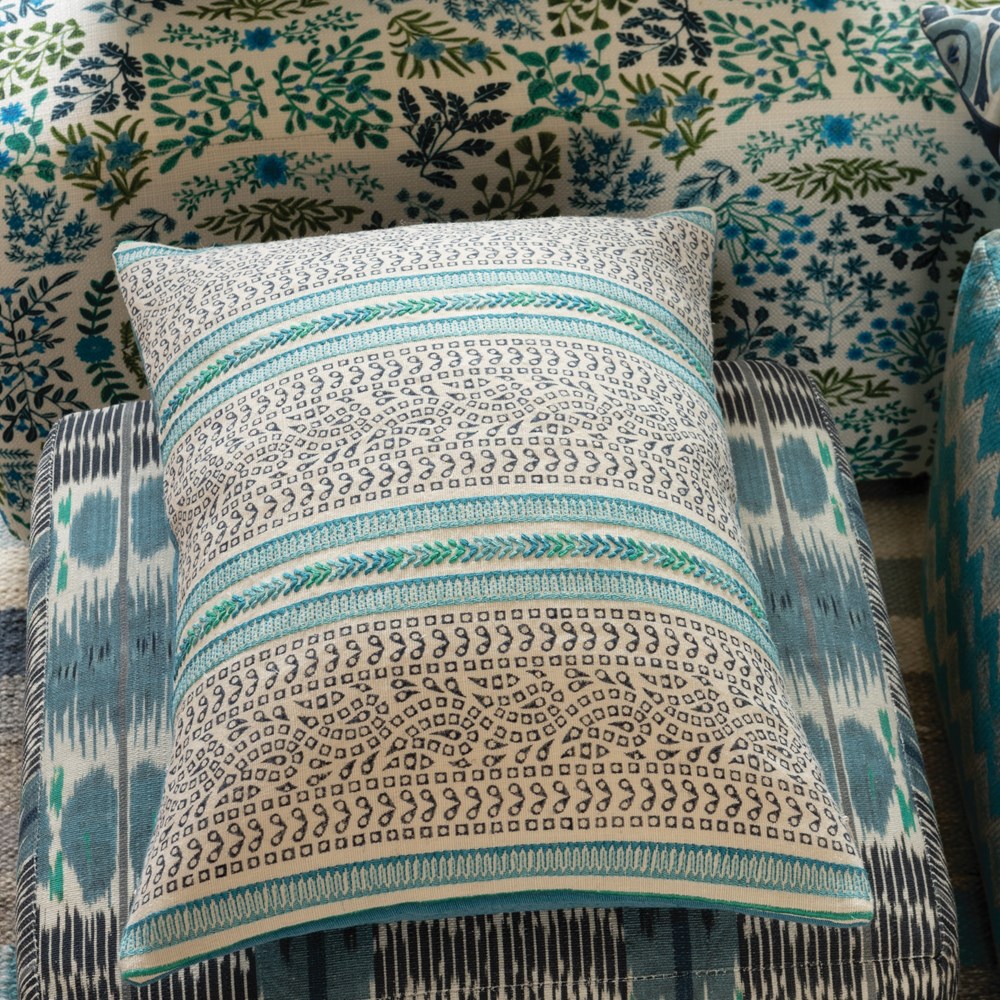 Barrington Embroidered Cotton Cushion By William Yeoward in Ocean Blue